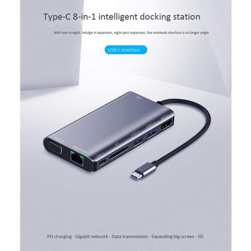 DrPhone HB8 USB C Hub - 8 in 1 - USB3.0x2 + HDMI 4K /VGA 1080P+Jack 3.5+Gigabit Network LAN + Type-C(Pd) 87W - Afbeelding 5