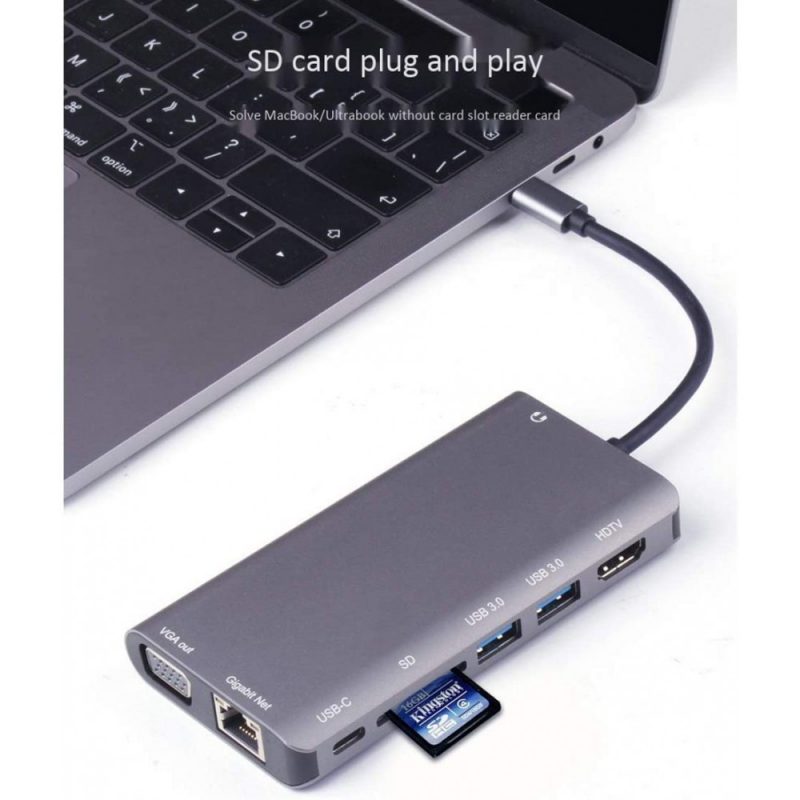 DrPhone HB8 USB C Hub - 8 in 1 - USB3.0x2 + HDMI 4K /VGA 1080P+Jack 3.5+Gigabit Network LAN + Type-C(Pd) 87W - Afbeelding 6
