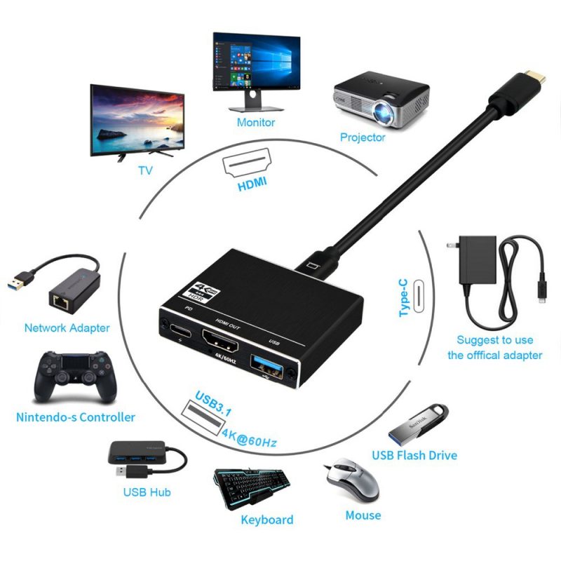 DrPhone THD3 - USB-C HUB - Type-C naar HDMI 4K 60Hz - 100Hz - Power Delivery (PD) 100W Opladen & USB 3.0 Adapter voor o.a MacBook/Nintendo Switch/Dell/Dex/HP - Afbeelding 12