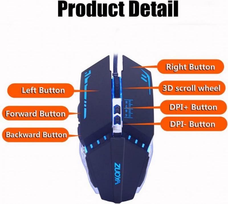 Elementkey ZUOYA - 3D Gaming Muis Verstelbaar 3200 DPI - Bedraad - 6 Knoppen Optische USB Game Muis - 1.5 Meter - Zilver - Afbeelding 4