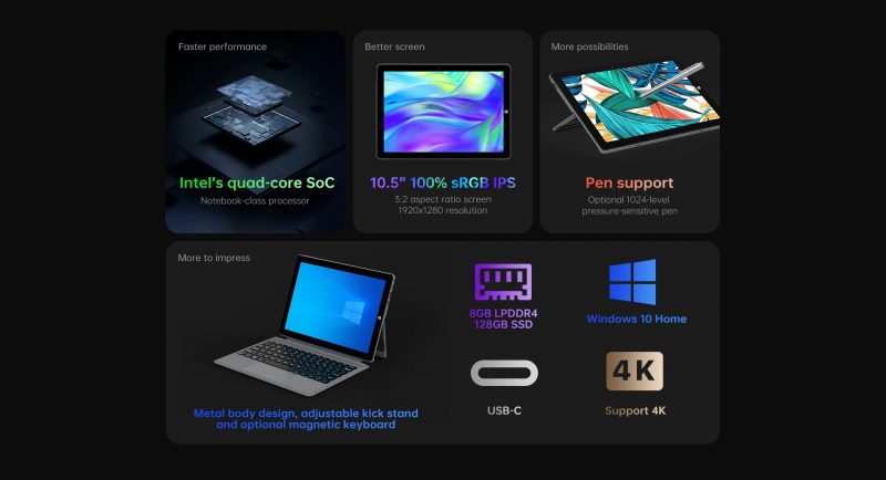 ELEMENTKEY iON Work - Windows 11 - 2 in 1 Tablet PC  -10.5 Inch Full HD IPS - Intel N4120 8GB LPDDR4 384GB Opslag - Afbeelding 8