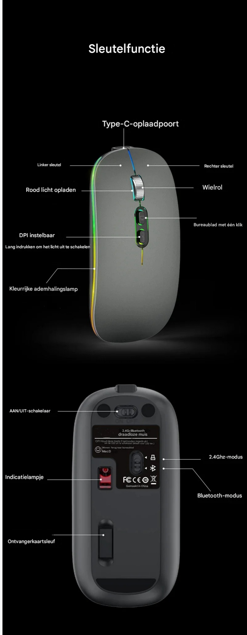 Elementkey MIJIA Dual Mode Draadloze Muis – Bluetooth + 2.4G, Oplaadbaar, Stil en 1600 DPI - Metalen Scrollwiel Comfort - Grijs - Afbeelding 11