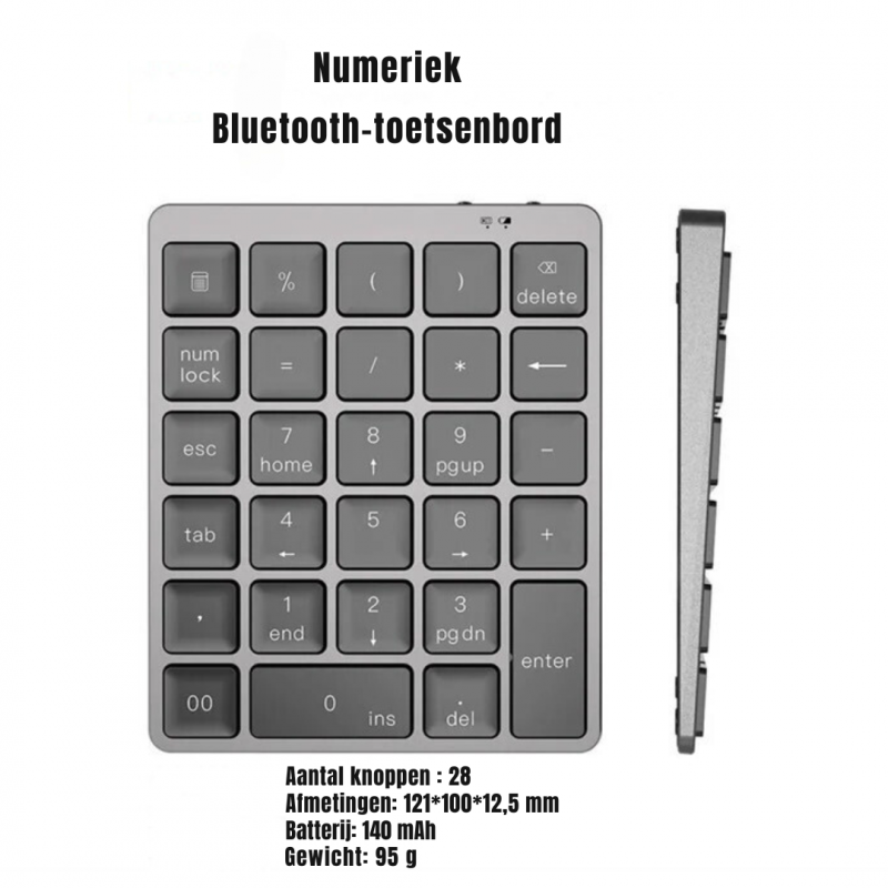 Elementkey UNK2 Numeriek Bluetooth Toetsenbord - 28 toetsen–  Aluminium – Multi toetsen – Scissor Toetsen – Metal grey - Afbeelding 7