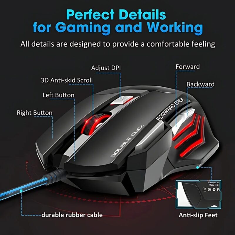 Elementkey HyperClaw V3 – Bedrade Gaming Muis – RGB-verlichting - tot 3200 DPI - Multiknoppen + Extra Fire knop – Ergonomische Muis – Duimsteun - Zwart - Afbeelding 3