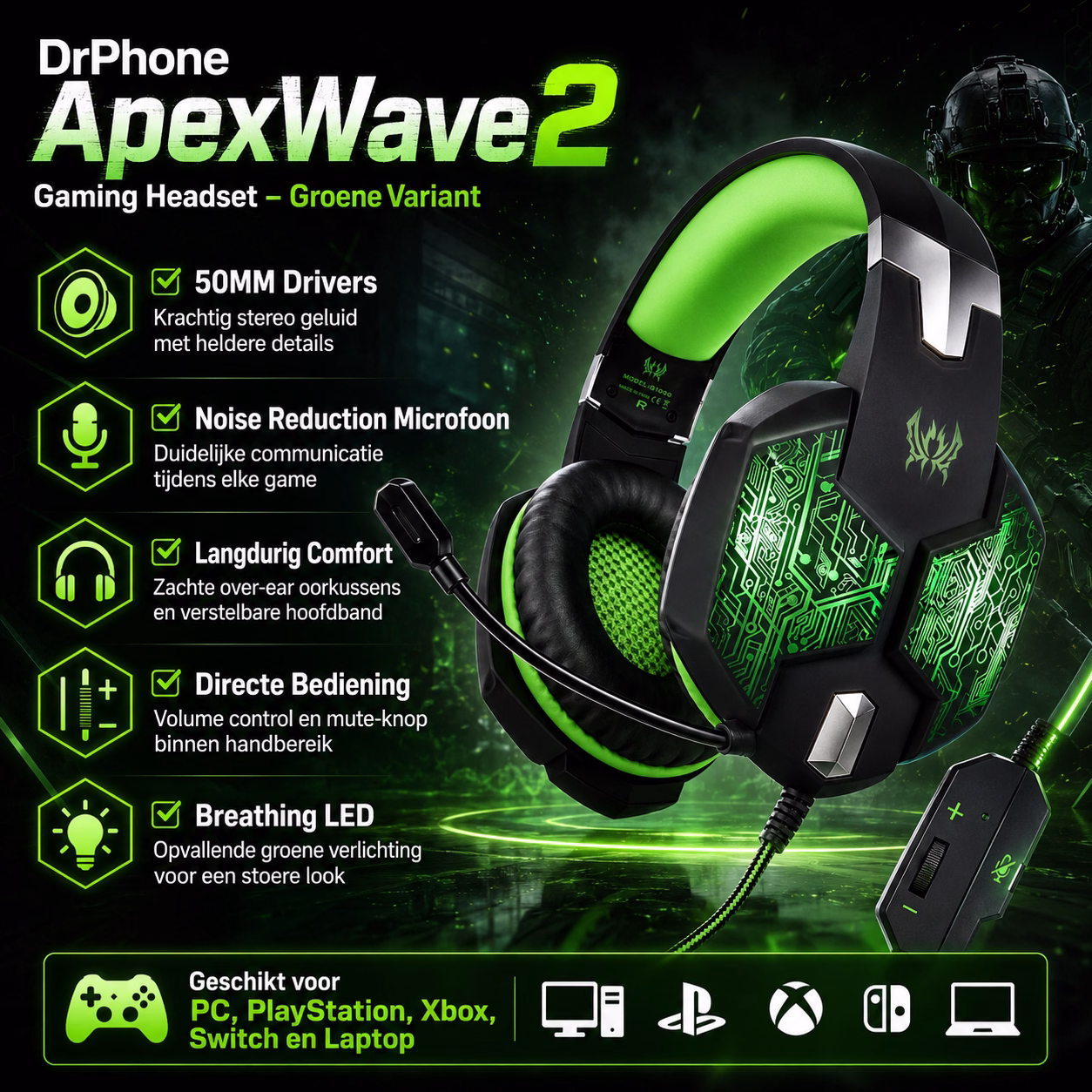 Elementkey ApexWave2 Gaming Headset – 50mm Drivers – Noise Reduction Microfoon – LED Verlichting – Volume & Mute Control – 3.5mm + USB – Zwart/Groen - Afbeelding 2