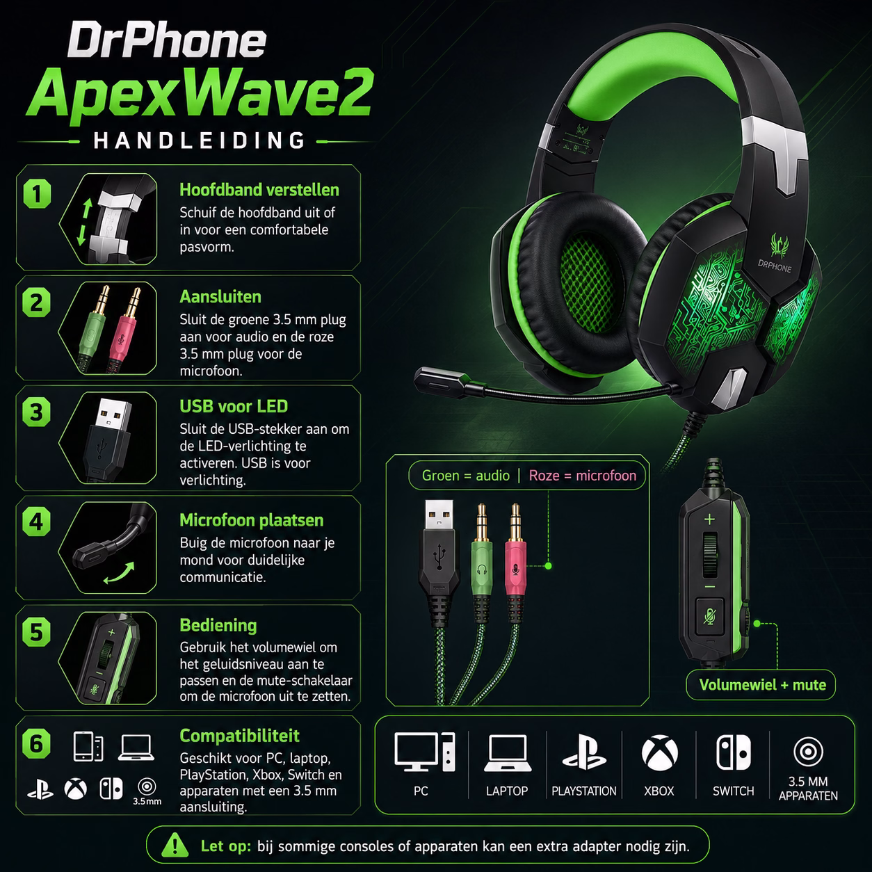 Elementkey ApexWave2 Gaming Headset – 50mm Drivers – Noise Reduction Microfoon – LED Verlichting – Volume & Mute Control – 3.5mm + USB – Zwart/Groen - Afbeelding 14
